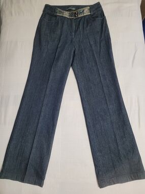 High-Rise Wide-Leg Jeans in Dark Blue - Embellished Waistband